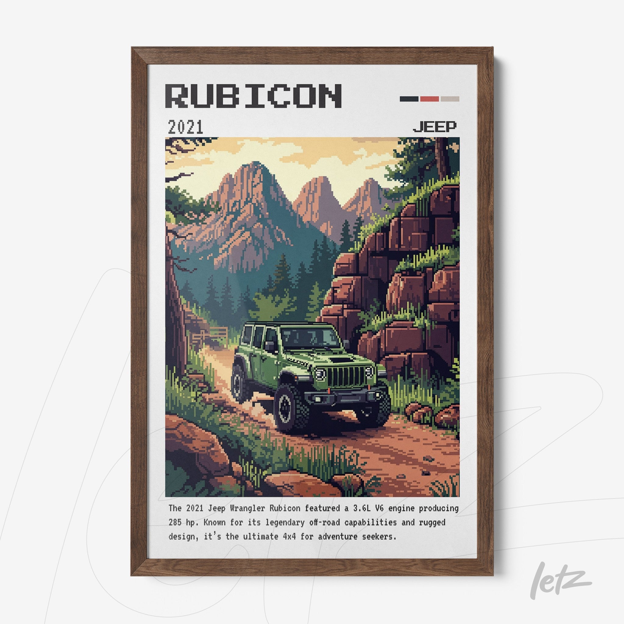 quadro com arte digital do Jeep Wrangler Rubicon 2021 em moldura de madeira escura