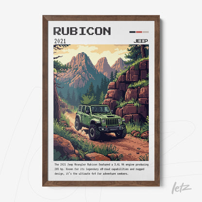 quadro com arte digital do Jeep Wrangler Rubicon 2021 em moldura de madeira escura