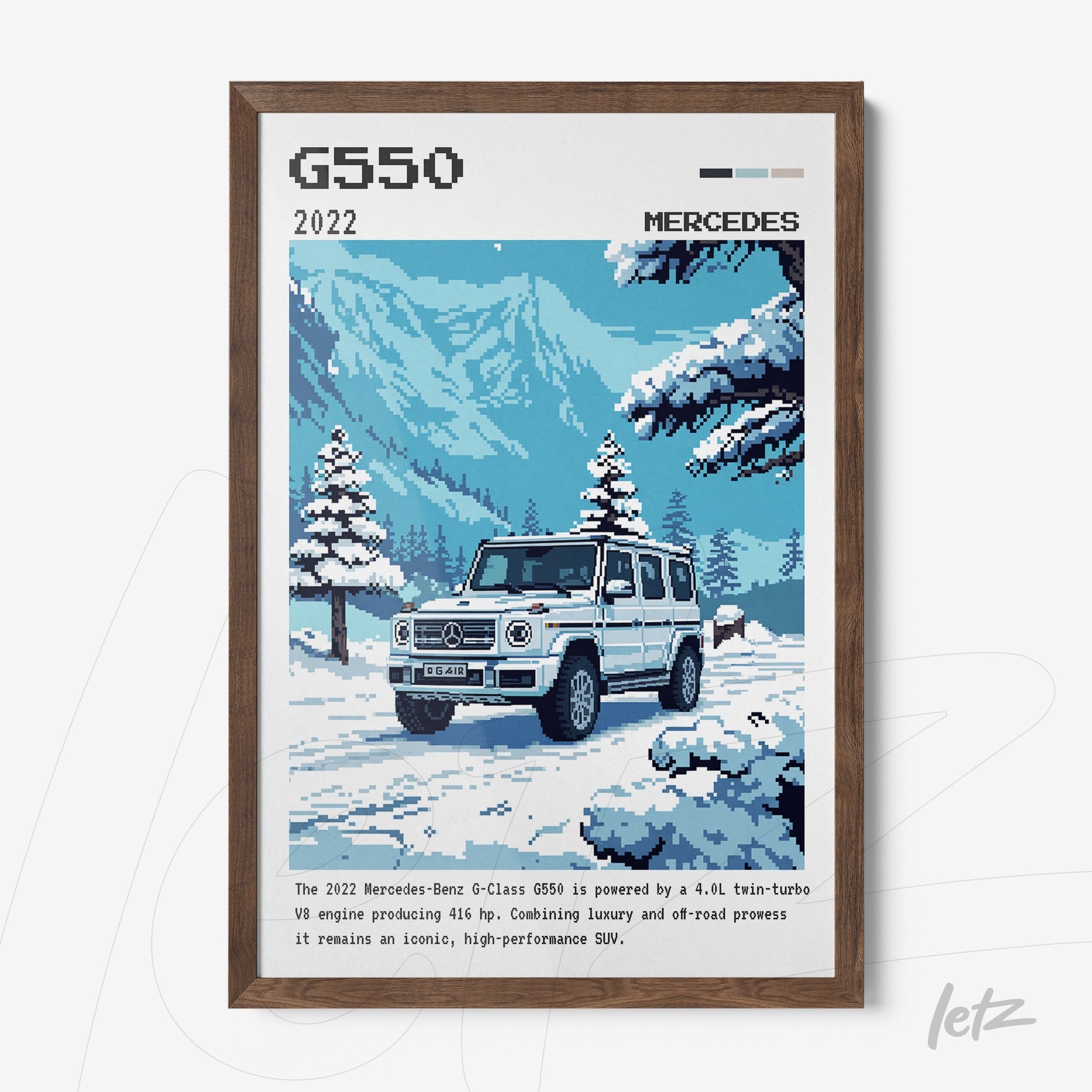 quadro com arte digital do Mercedes-Benz G-Class 2022 em uma paisagem de montanha com árvores cobertas de neve, moldura de madeira escura