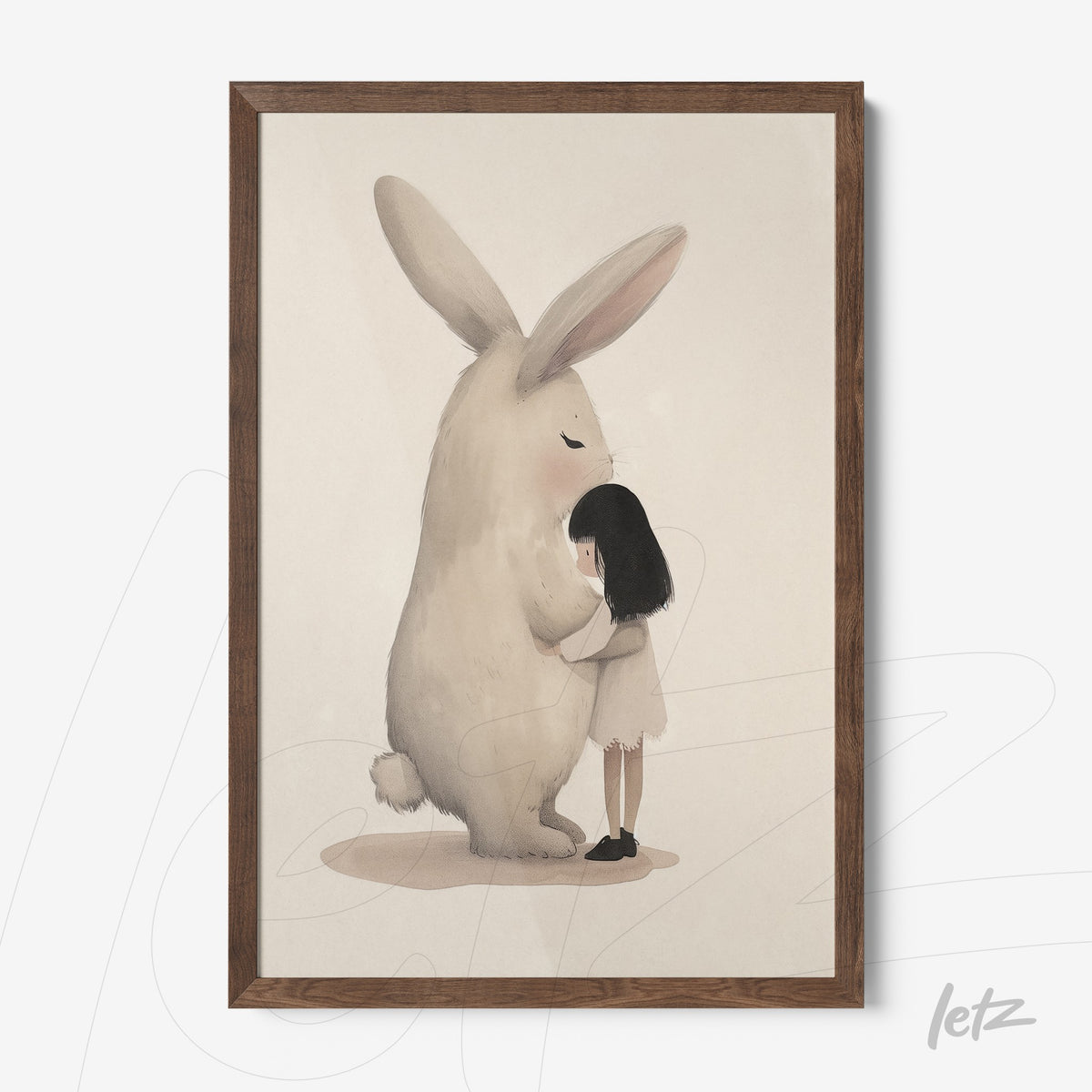 quadro com ilustração de uma menina abraçando um coelho grande em moldura de madeira escura