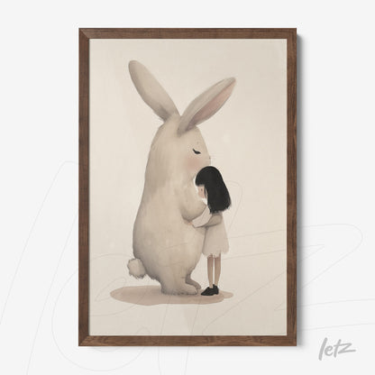 quadro com ilustração de uma menina abraçando um coelho grande em moldura de madeira escura