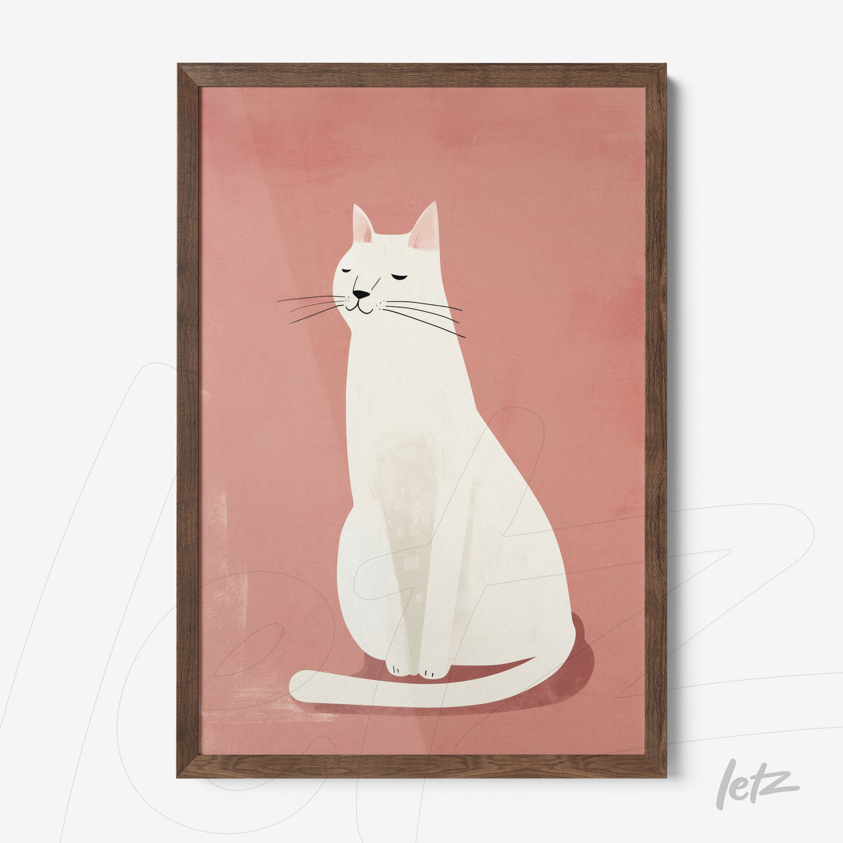 quadro com arte minimalista de gato branco sentado em fundo rosa, moldura de madeira escura