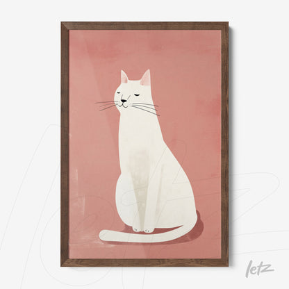 quadro com arte minimalista de gato branco sentado em fundo rosa, moldura de madeira escura