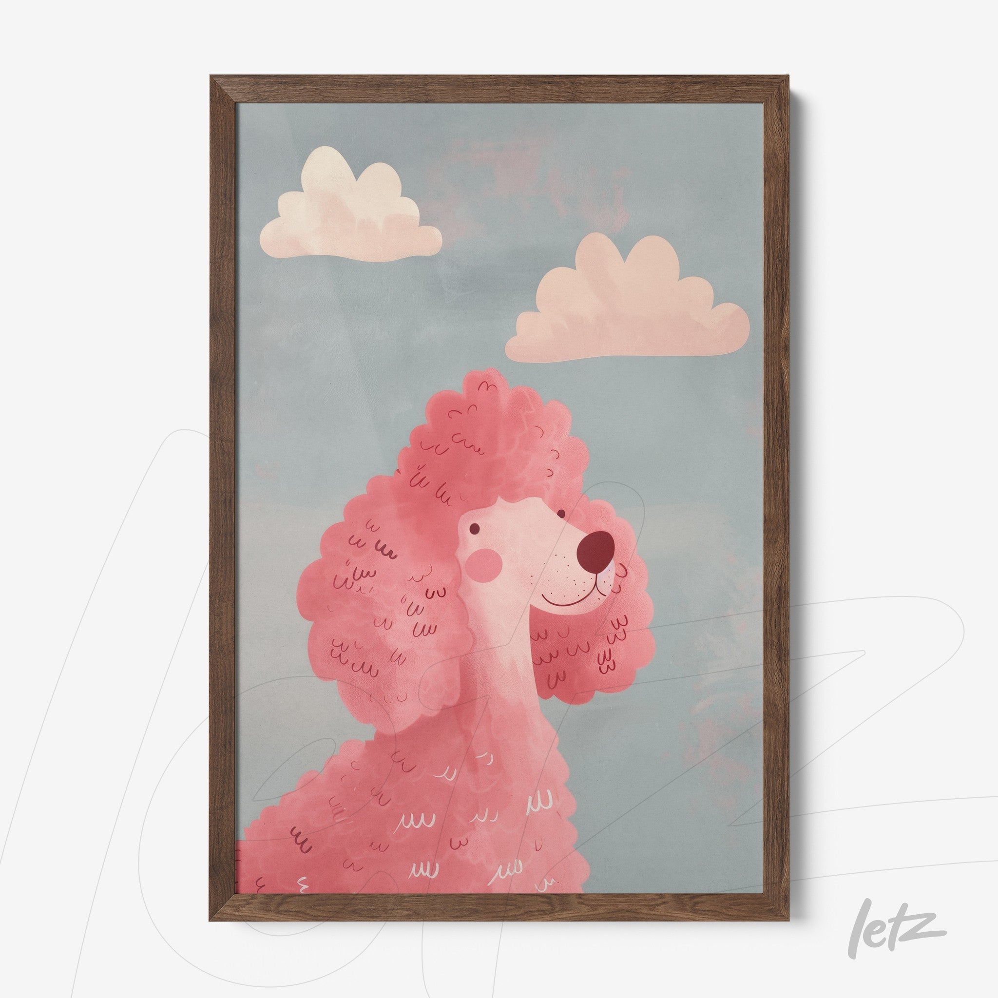 quadro com ilustração de um poodle rosa sob um céu azul claro com nuvens brancas, moldura de madeira escura