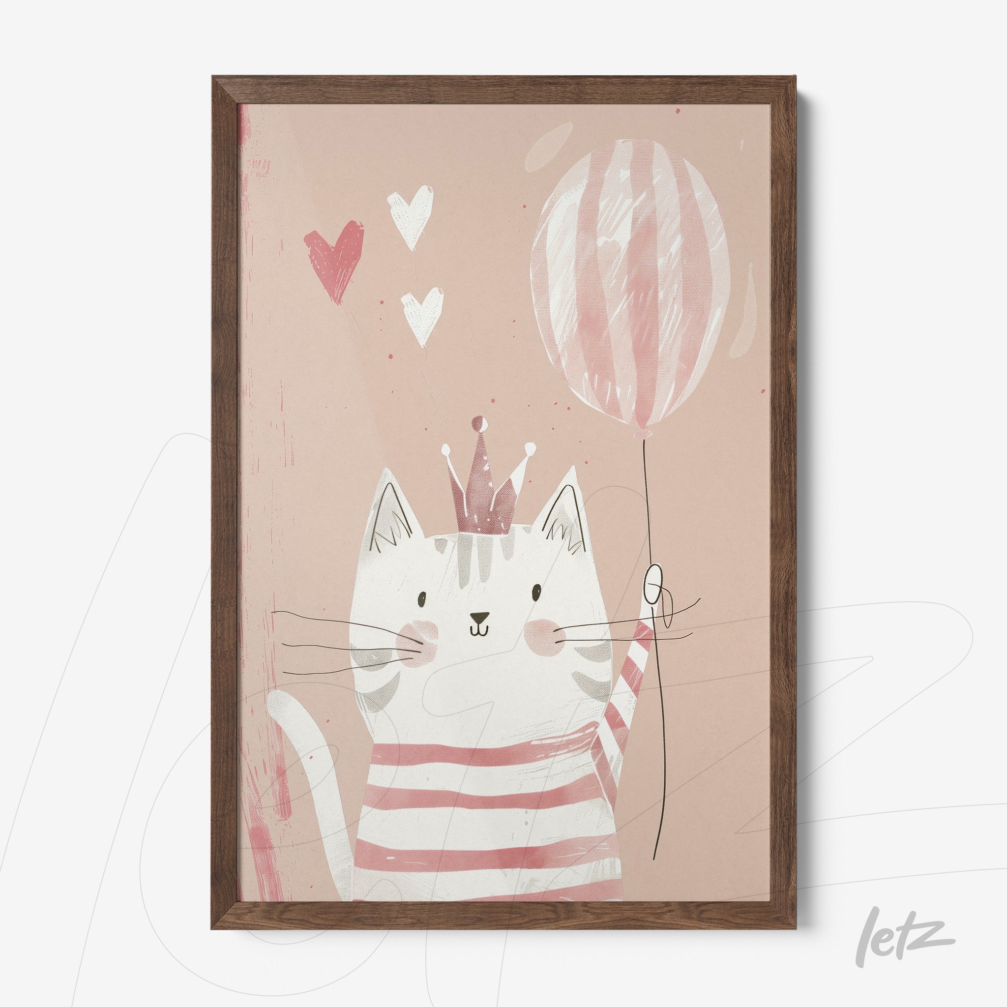 quadro com ilustração de gato fofo segurando um balão em fundo rosado, moldura de madeira escura