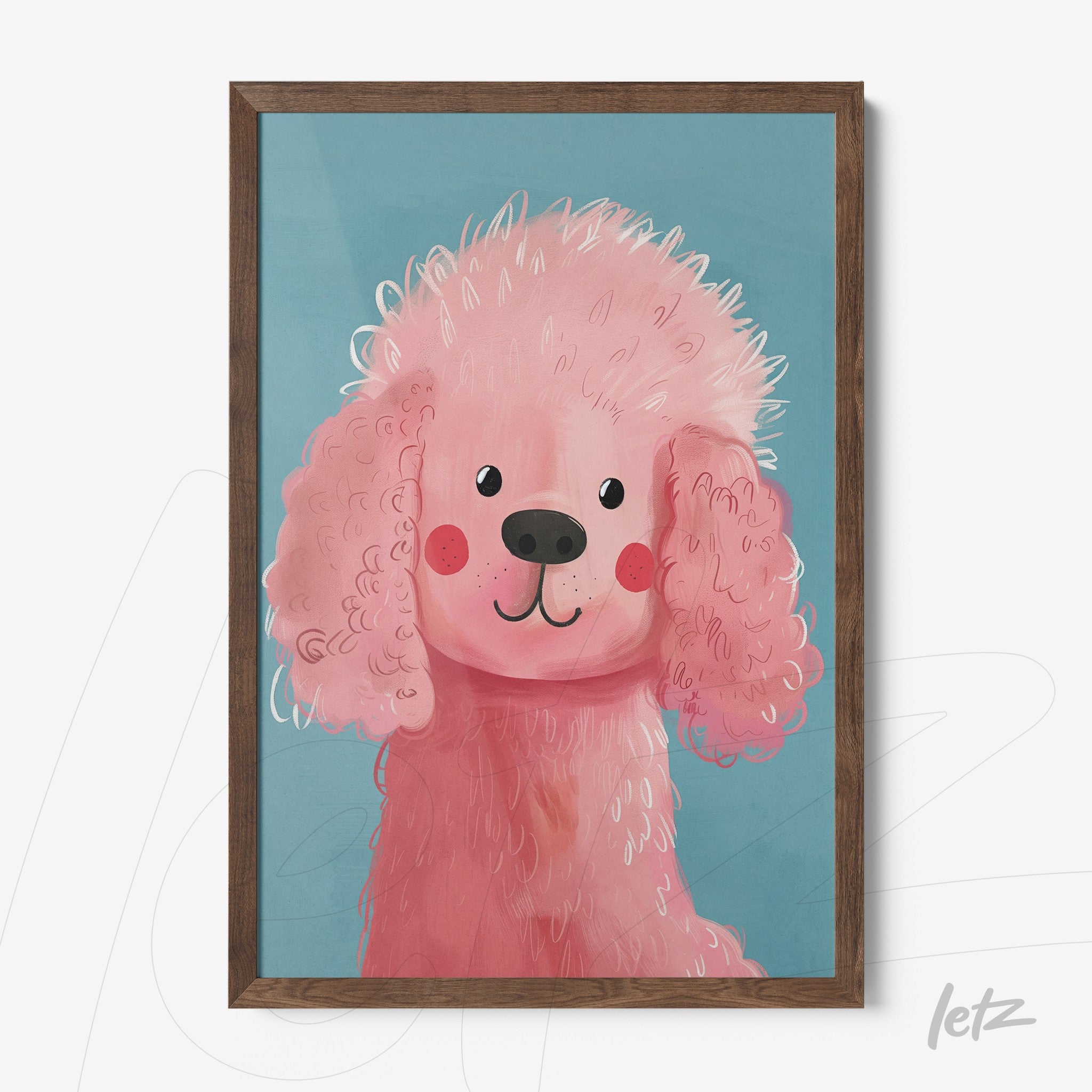 quadro com ilustração de um poodle rosa com fundo azul em moldura de madeira escura