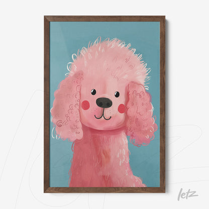quadro com ilustração de um poodle rosa com fundo azul em moldura de madeira escura