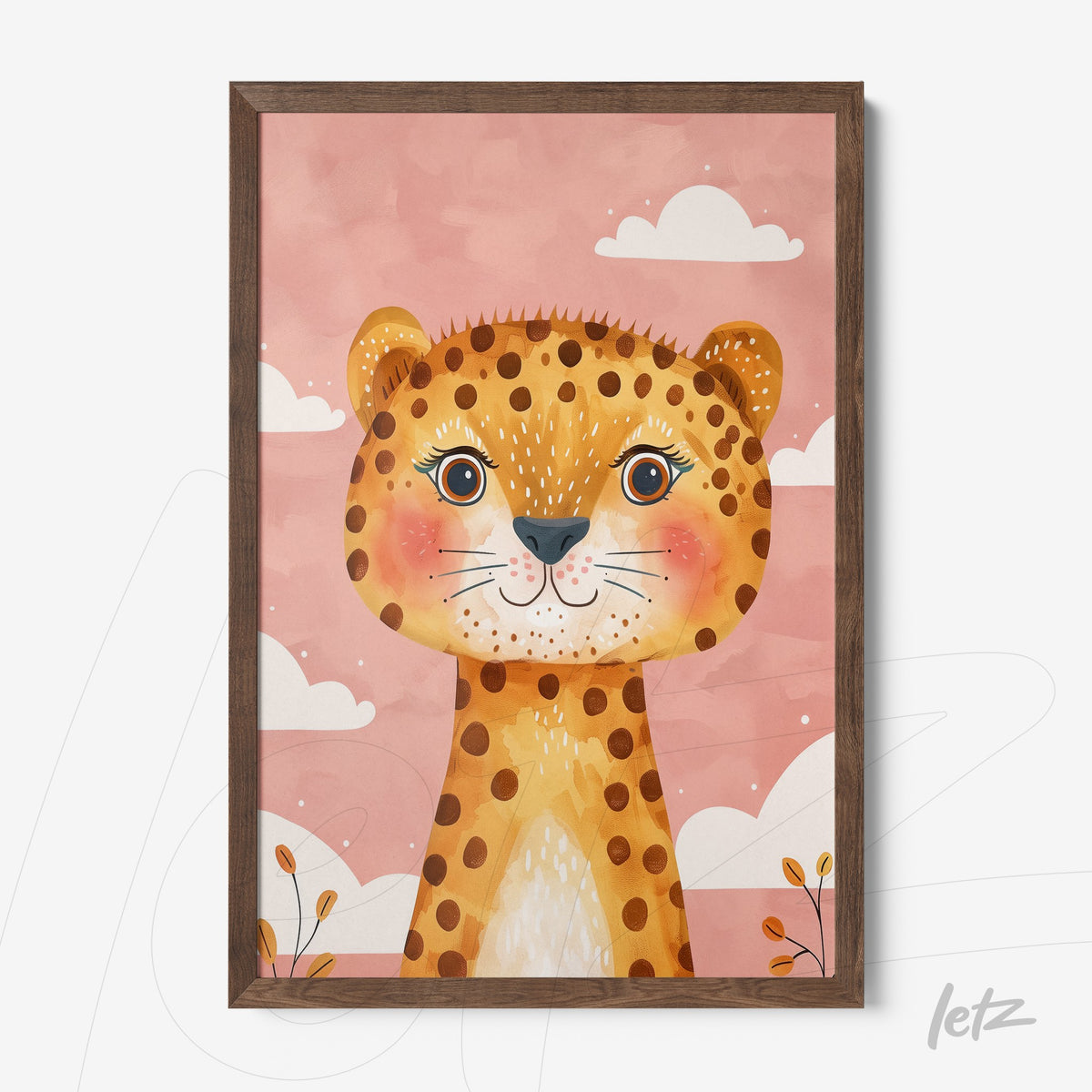 quadro decorativo com arte infantil de leão estilizado em fundo rosa com nuvens e detalhes florais, moldura de madeira escura