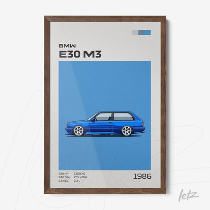 quadro com ilustração do carro BMW E30 M3 em fundo azul, moldura de madeira escura
