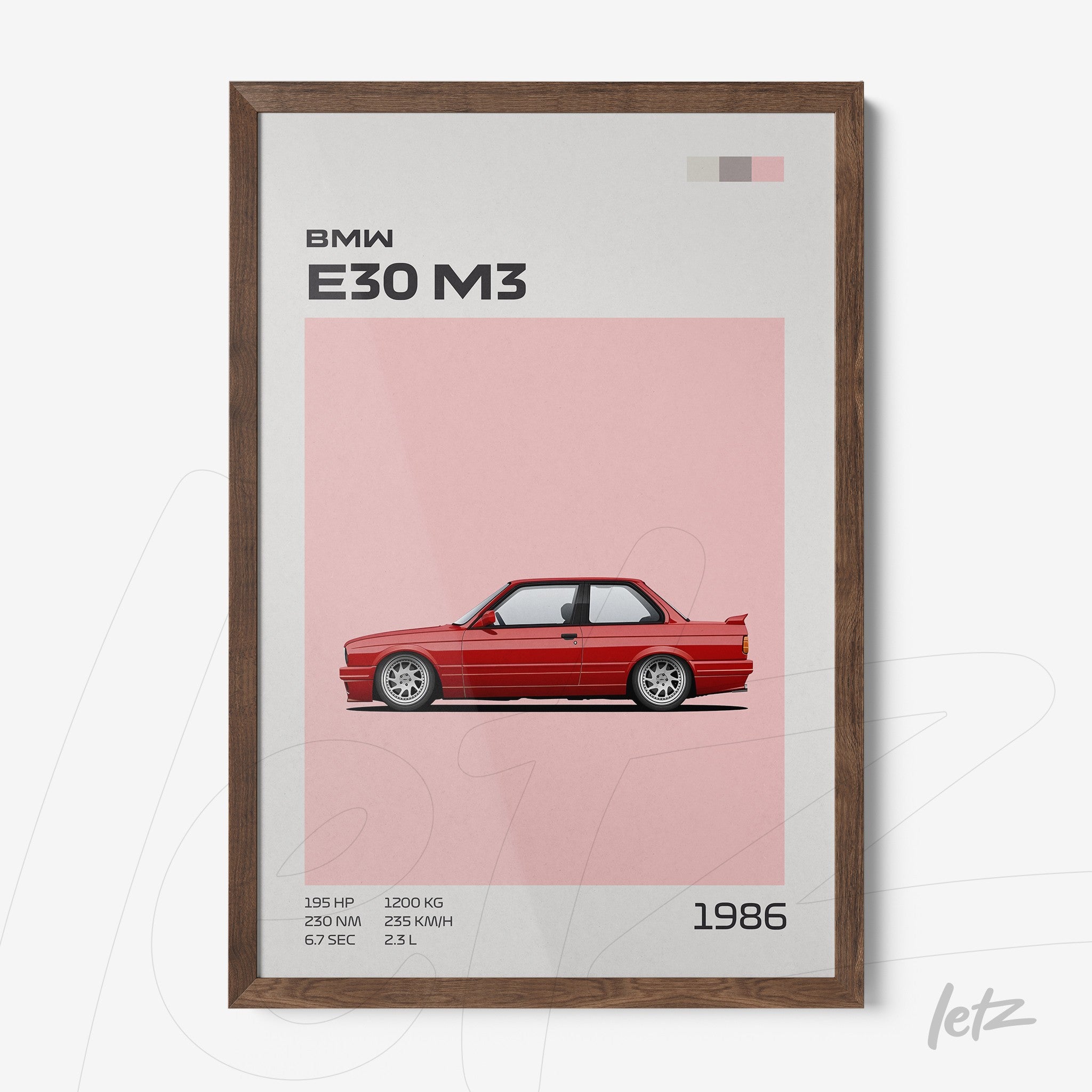 quadro com arte digital do carro BMW E30 M3 emoldurado com moldura de madeira marrom