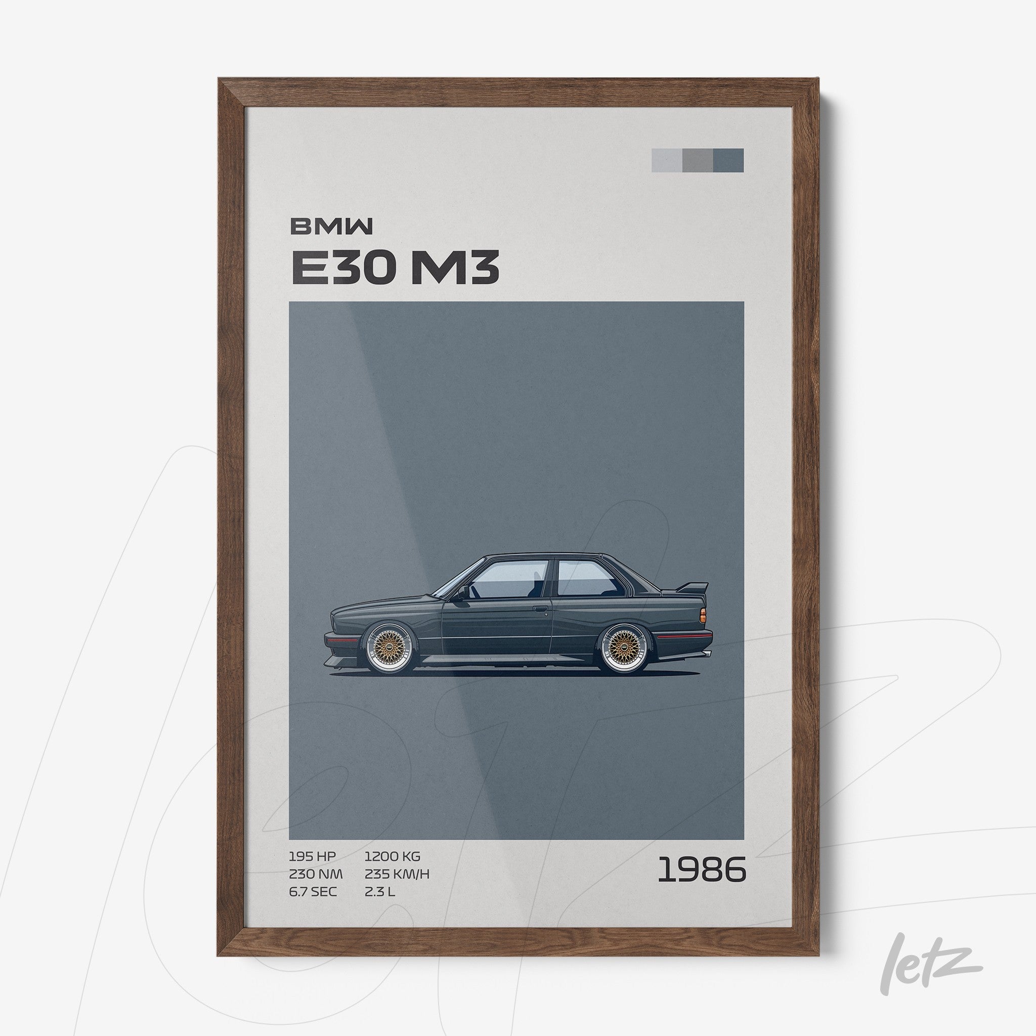 quadro com arte digital de um carro BMW E30 M3 em moldura marrom, destacando seu perfil lateral com detalhes técnicos ao fundo