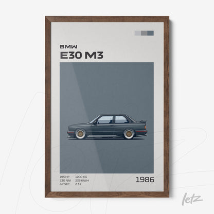quadro com arte digital de um carro BMW E30 M3 em moldura marrom, destacando seu perfil lateral com detalhes técnicos ao fundo