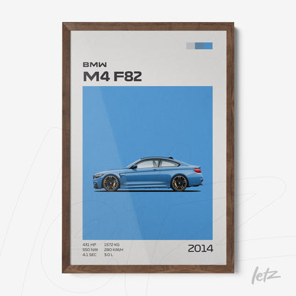 quadro decorativo com ilustração do carro BMW M4 F82 em fundo azul, moldura de madeira escura