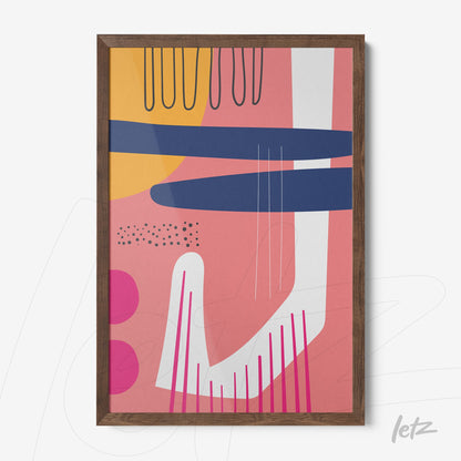 quadro boho com formas geométricas em cores modernas como rosa, amarelo e azul, moldura de madeira freijó