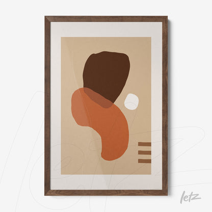 quadro com formas geométricas em tons terrosos emoldurado em madeira escura
