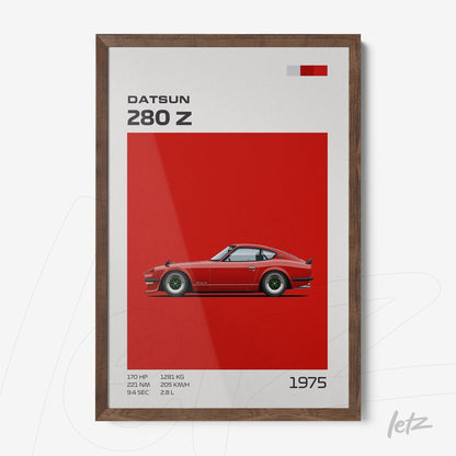 quadro com arte gráfica do carro Datsun 280 Z, fundo vermelho vibrante e moldura de madeira escura