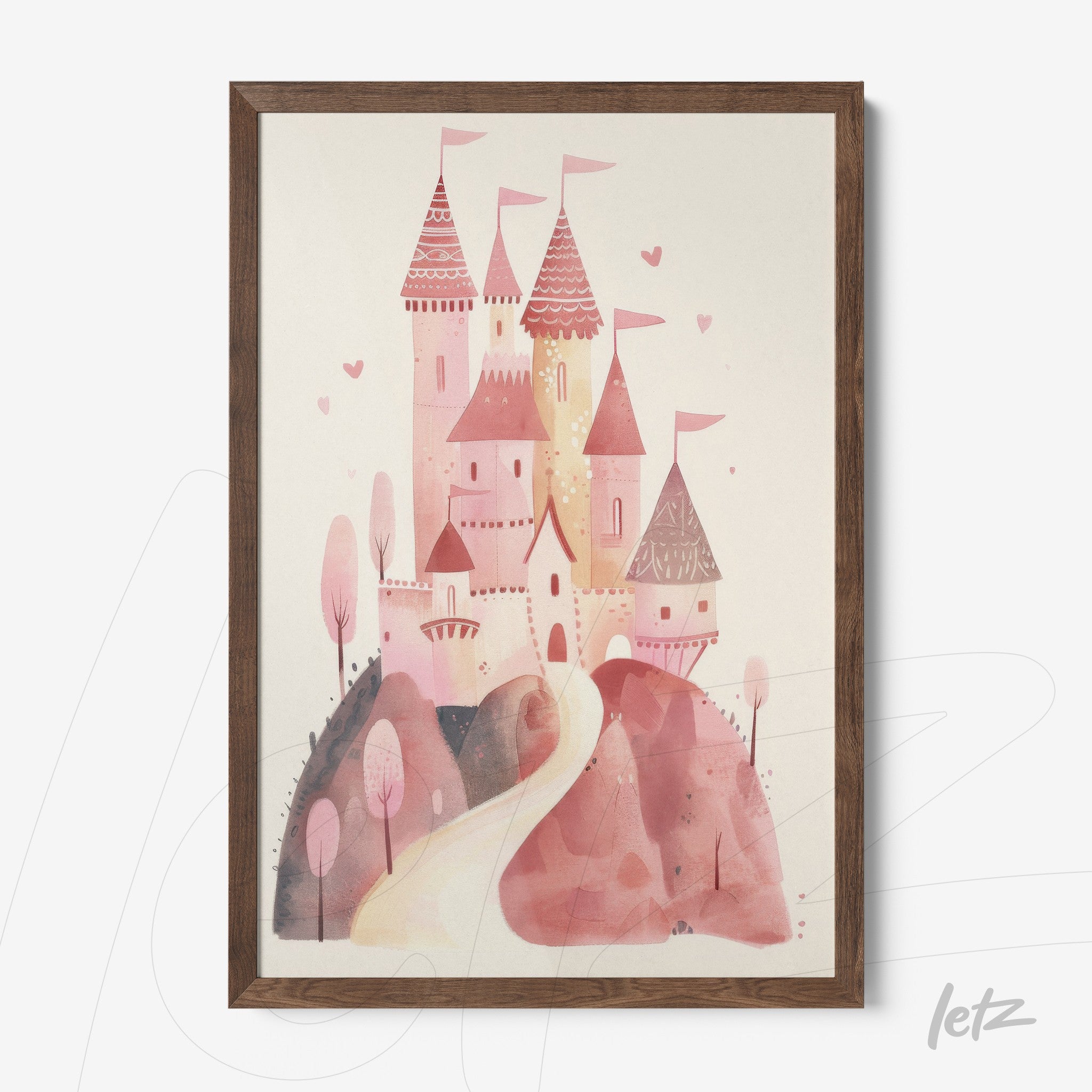 quadro com ilustração de castelo rosa com torres e bandeirinhas, em moldura de madeira escura, fundo suave em tons pastel