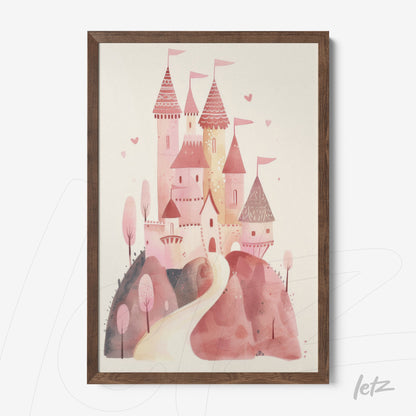 quadro com ilustração de castelo rosa com torres e bandeirinhas, em moldura de madeira escura, fundo suave em tons pastel
