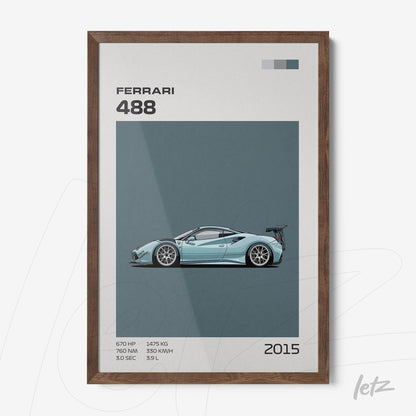 quadro decorativo com ilustração do carro esportivo Ferrari 488 em moldura de madeira escura