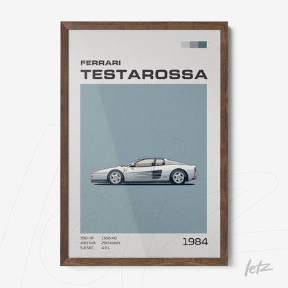 quadro com ilustração retro do carro Ferrari Testarossa, moldura de madeira escura, fundo azul claro