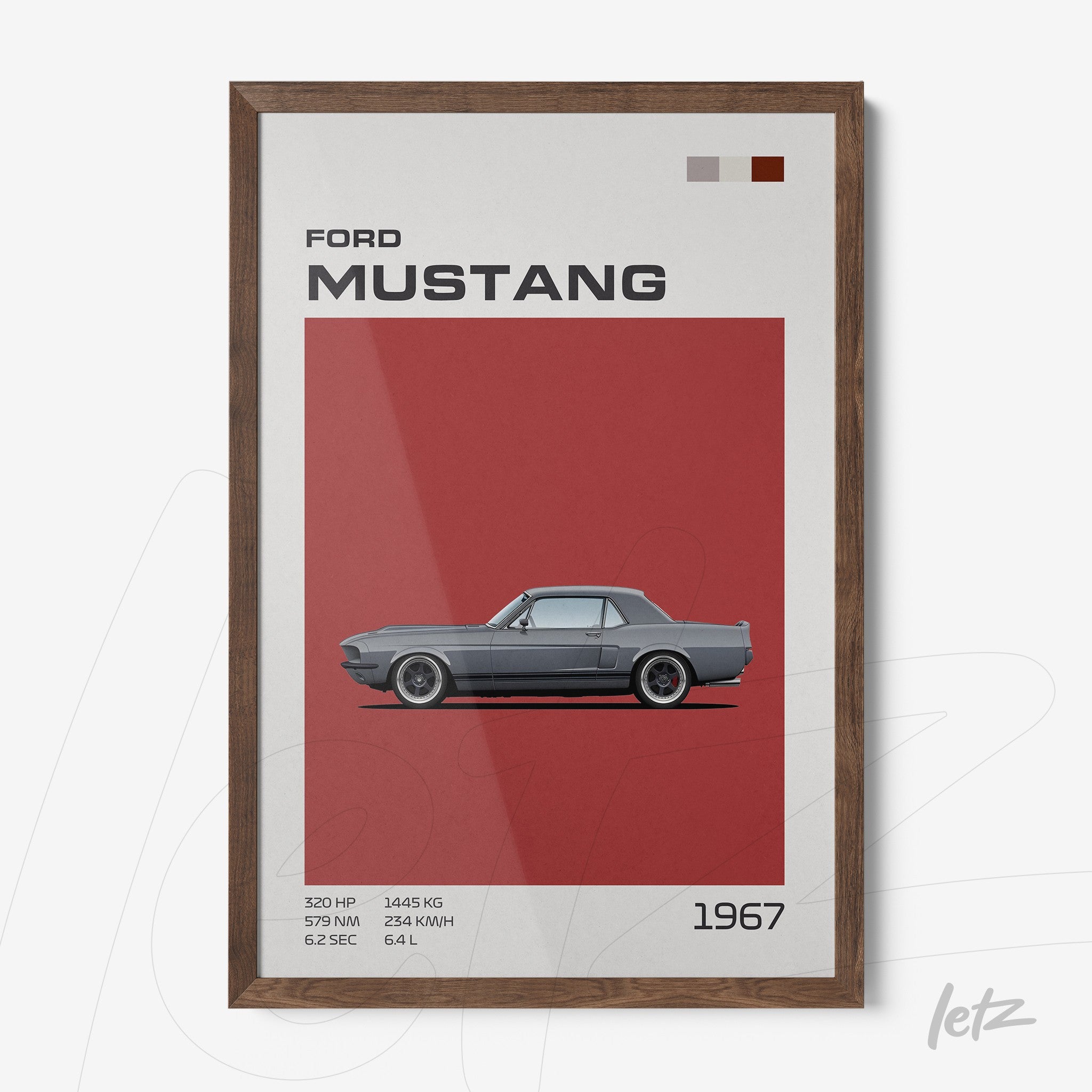 quadro com arte do Ford Mustang 1967 em moldura de madeira escura com fundo vermelho