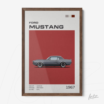 quadro com arte do Ford Mustang 1967 em moldura de madeira escura com fundo vermelho