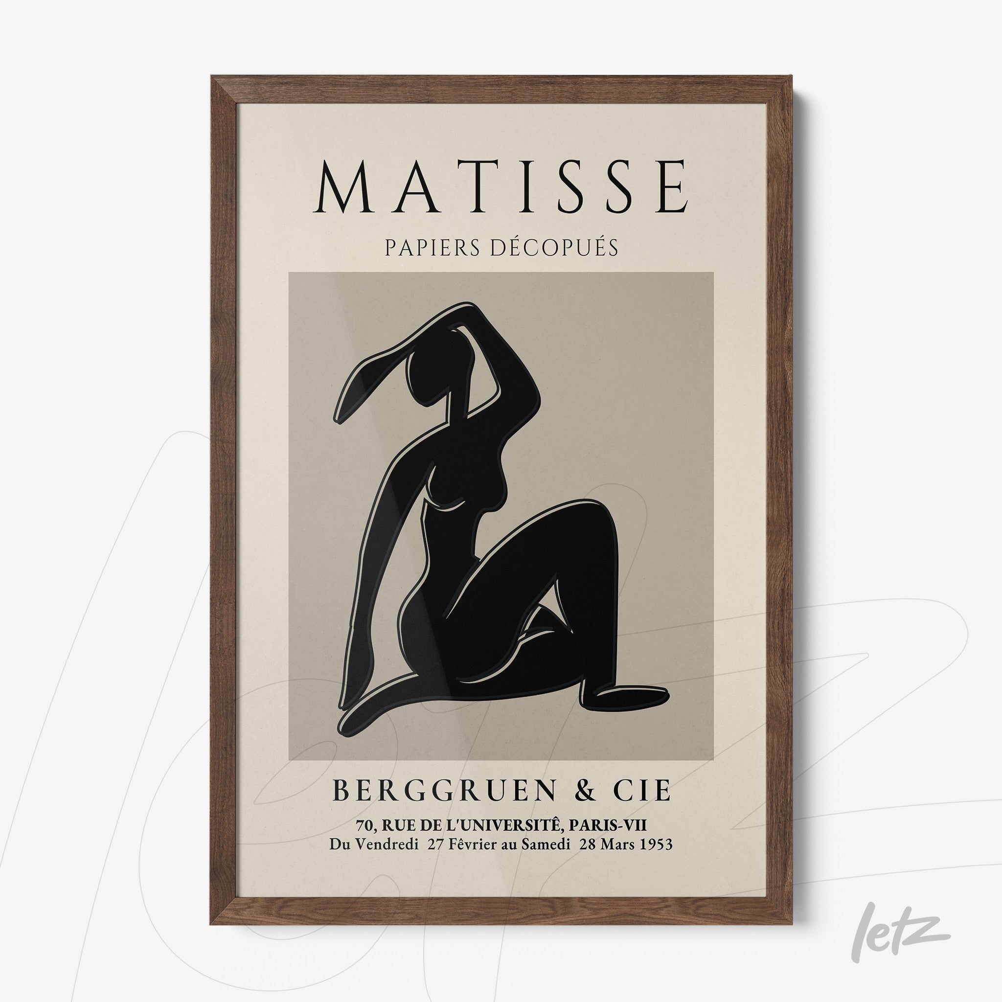 quadro com arte de recortes de papel de Matisse em moldura de madeira escura