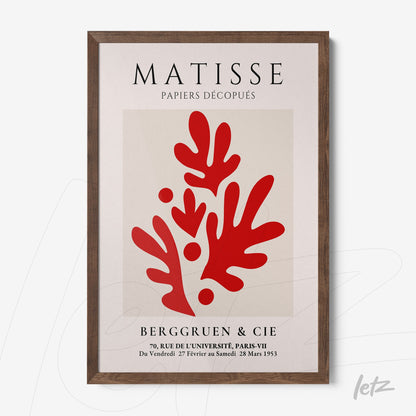 quadro decorativo com arte moderna inspirada em Matisse, destacando formas abstratas em vermelho, moldura de madeira escura