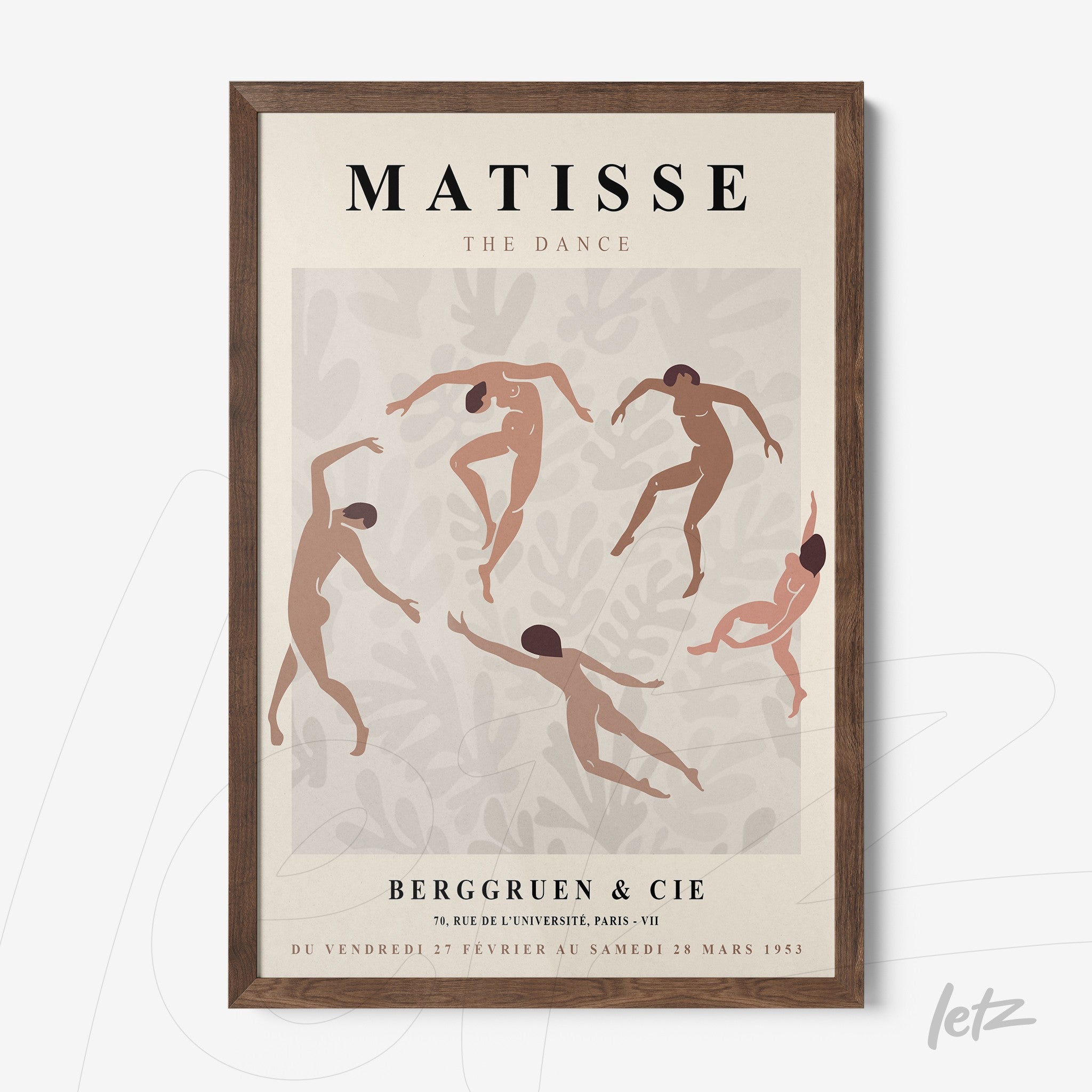 quadro com arte em estilo moderno apresentando dançarinos abstratos em moldura de madeira escura