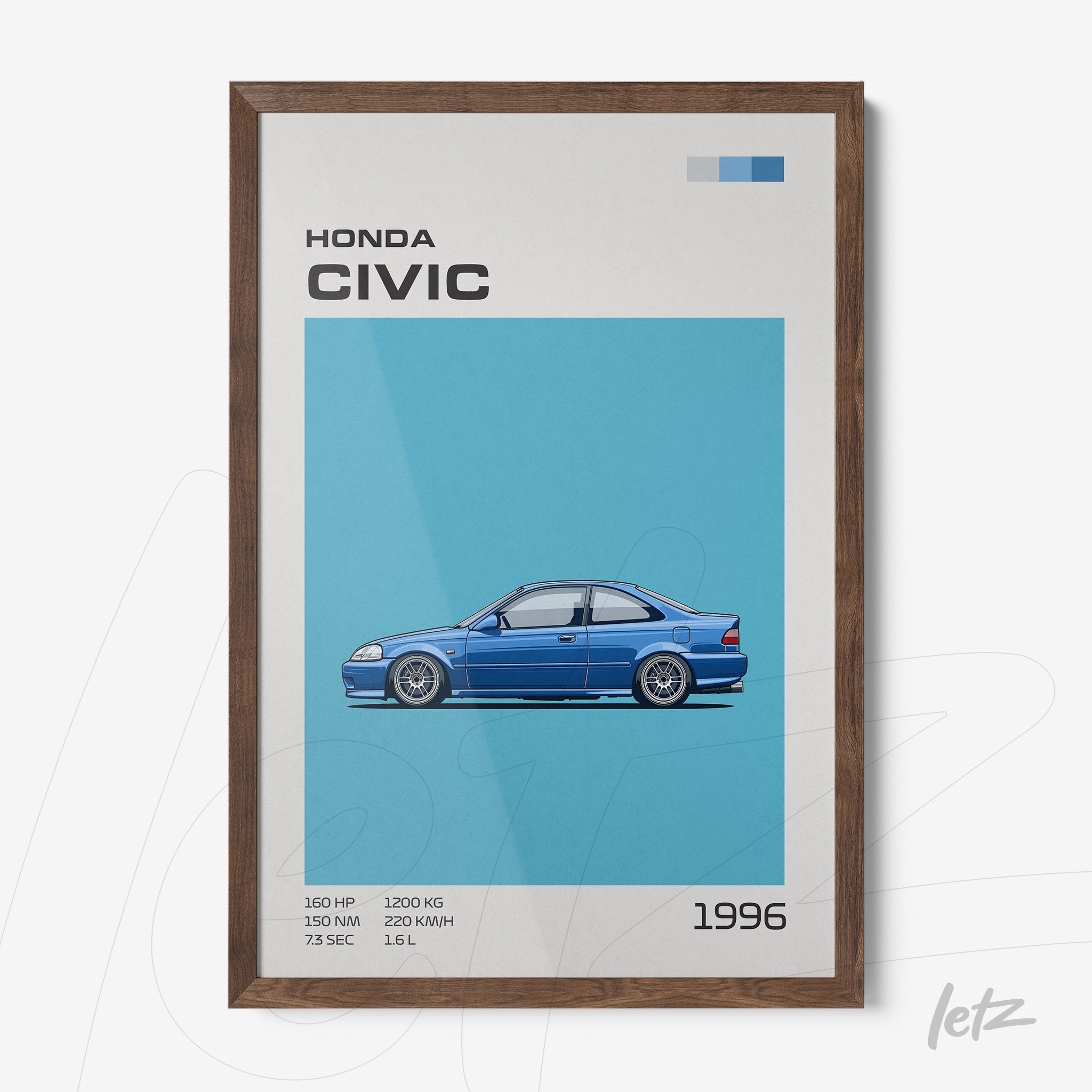 quadro com ilustração do carro Honda Civic de 1996 em fundo azul e moldura marrom