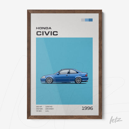 quadro com ilustração do carro Honda Civic de 1996 em fundo azul e moldura marrom