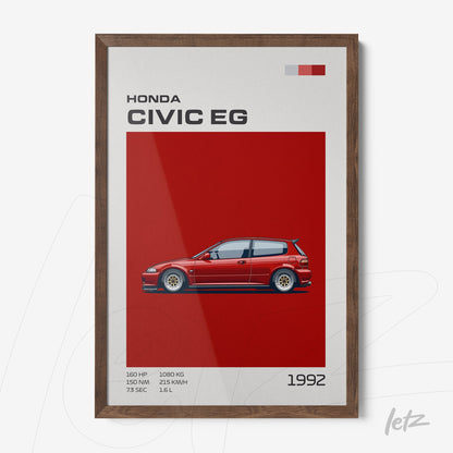 quadro com arte digital do carro Honda Civic EG em fundo vermelho vibrante e moldura de madeira escura