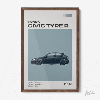 quadro com ilustração do Honda Civic Type R 1997 em moldura de madeira escura