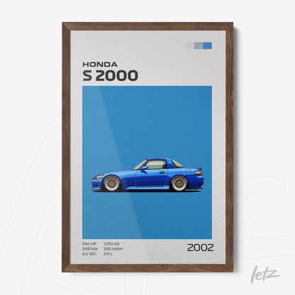 quadro com ilustração estilizada do carro Honda S2000 em fundo azul vibrante com moldura de madeira escura