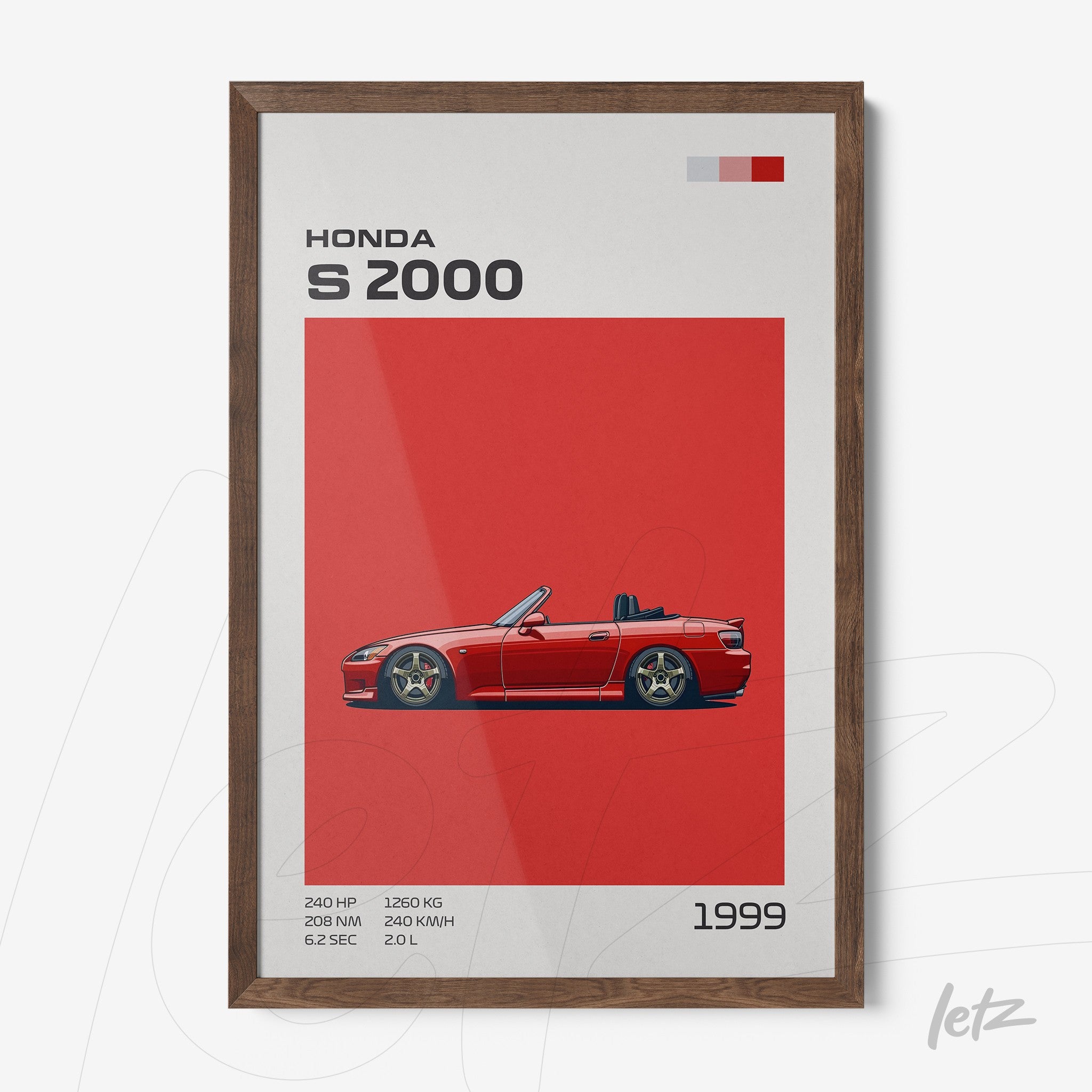 quadro com arte digital do carro Honda S2000 em fundo vermelho vibrante e moldura de madeira escura