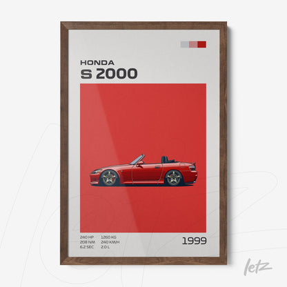 quadro com arte digital do carro Honda S2000 em fundo vermelho vibrante e moldura de madeira escura