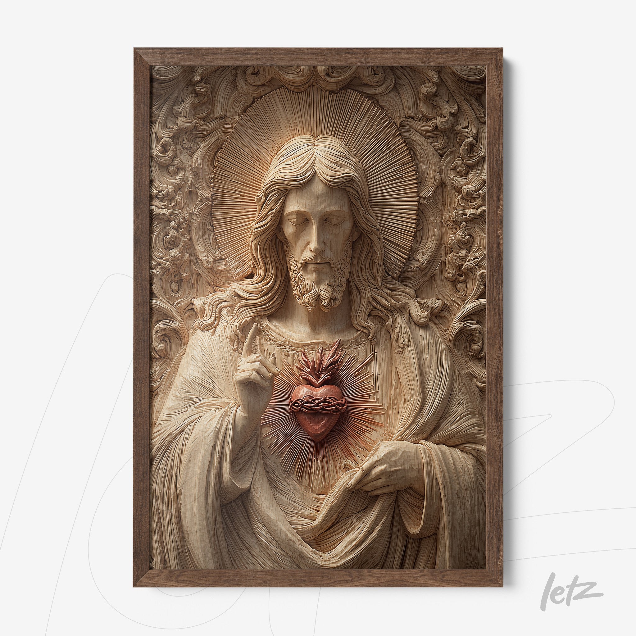 quadro em madeira com escultura detalhada de Jesus Cristo e coração sagrado em relevo, moldura escura