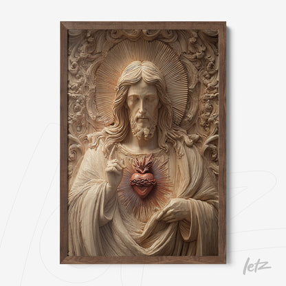 quadro em madeira com escultura detalhada de Jesus Cristo e coração sagrado em relevo, moldura escura
