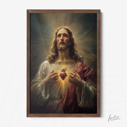 quadro de arte religiosa com Jesus Cristo segurando um coração iluminado, moldura de madeira escura