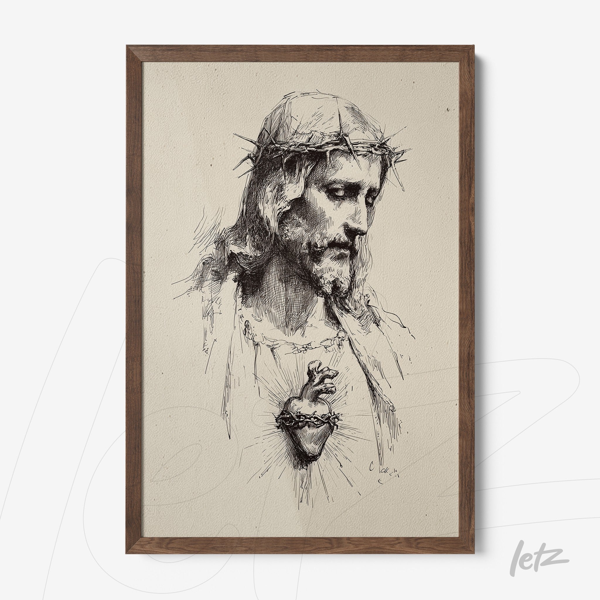 quadro emoldurado com desenho artístico de Jesus Cristo com coroa de espinhos e coração exposto em um fundo texturizado