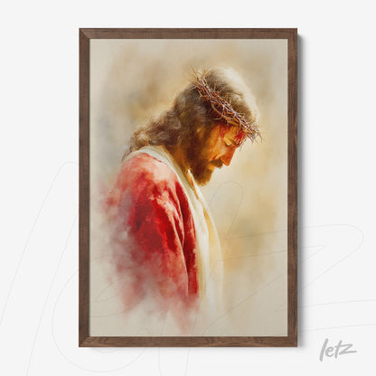 quadro com arte digital de Jesus Cristo com coroa de espinhos, em moldura de madeira escura
