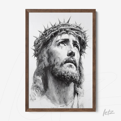 quadro com retrato em preto e branco de Jesus Cristo usando coroa de espinhos em moldura marrom escura