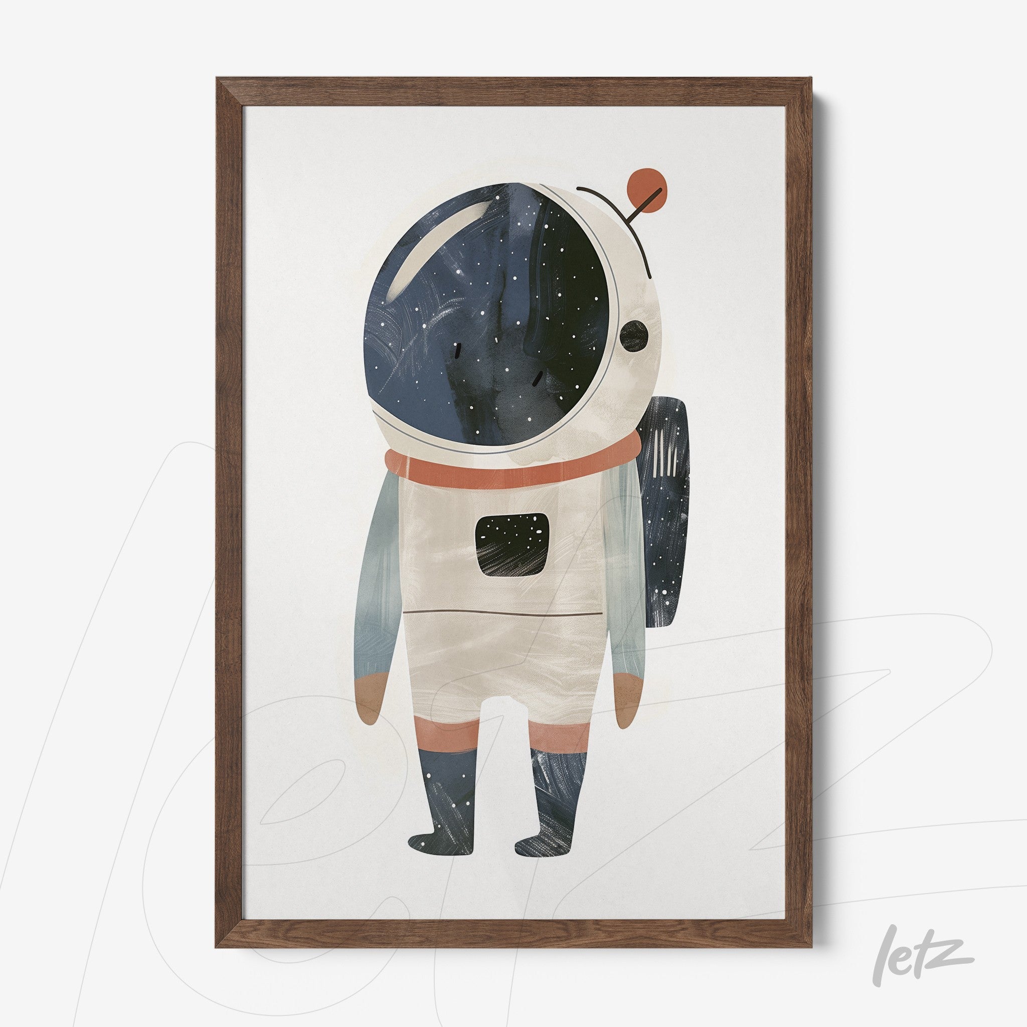 quadro com ilustração de astronauta em fundo claro e moldura de madeira natural