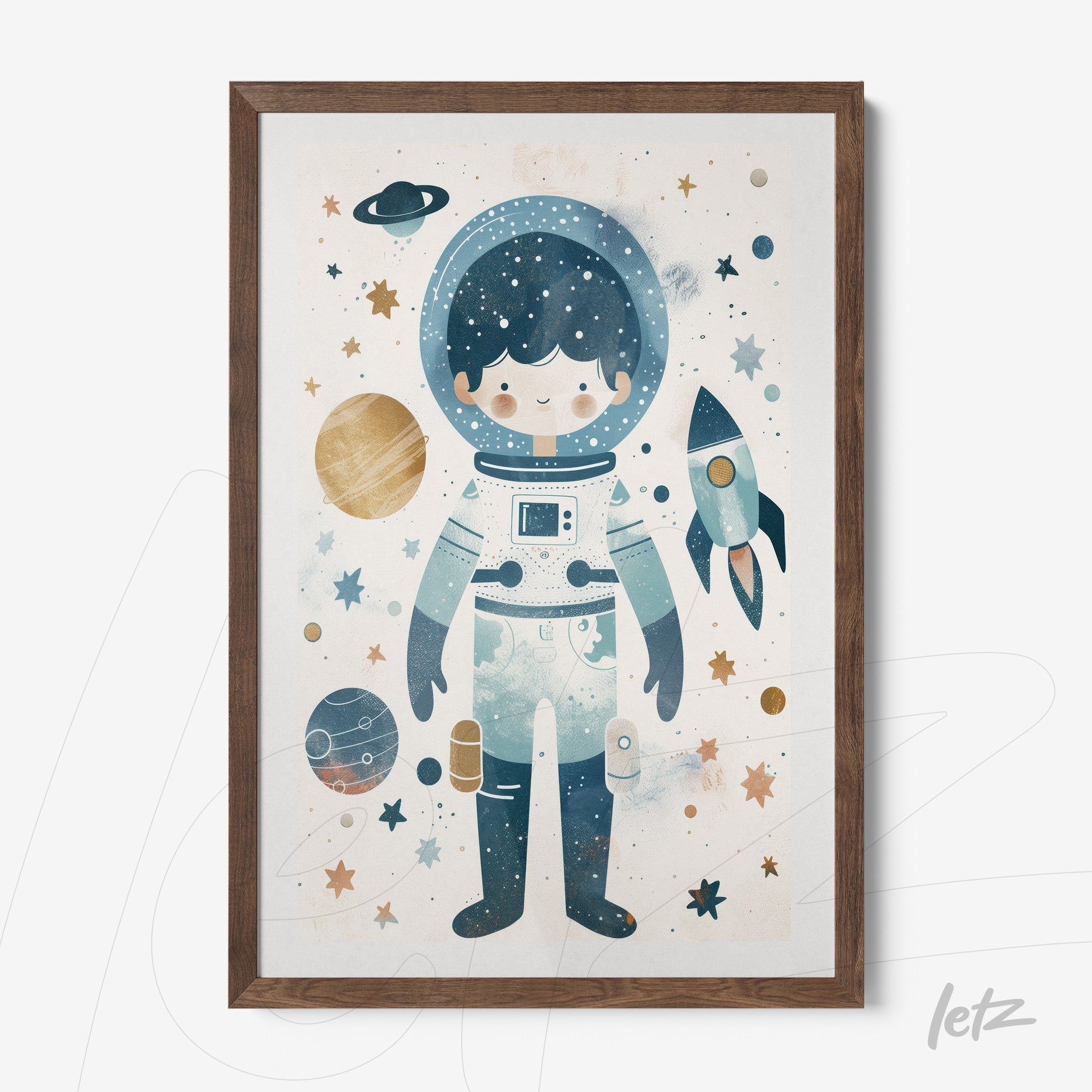 quadro com arte infantil de astronauta em fundo espacial com planetas e estrelas, moldura de madeira clara
