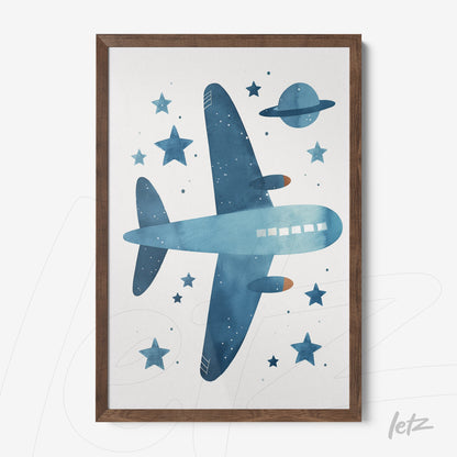 quadro com ilustração de um avião azul sobre fundo branco com estrelas e planetas, moldura de madeira escura