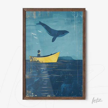 quadro com ilustração de um menino em um barco amarelo observando uma baleia azul saltando em um fundo azul e marinho, emoldurado com moldura marrom escura