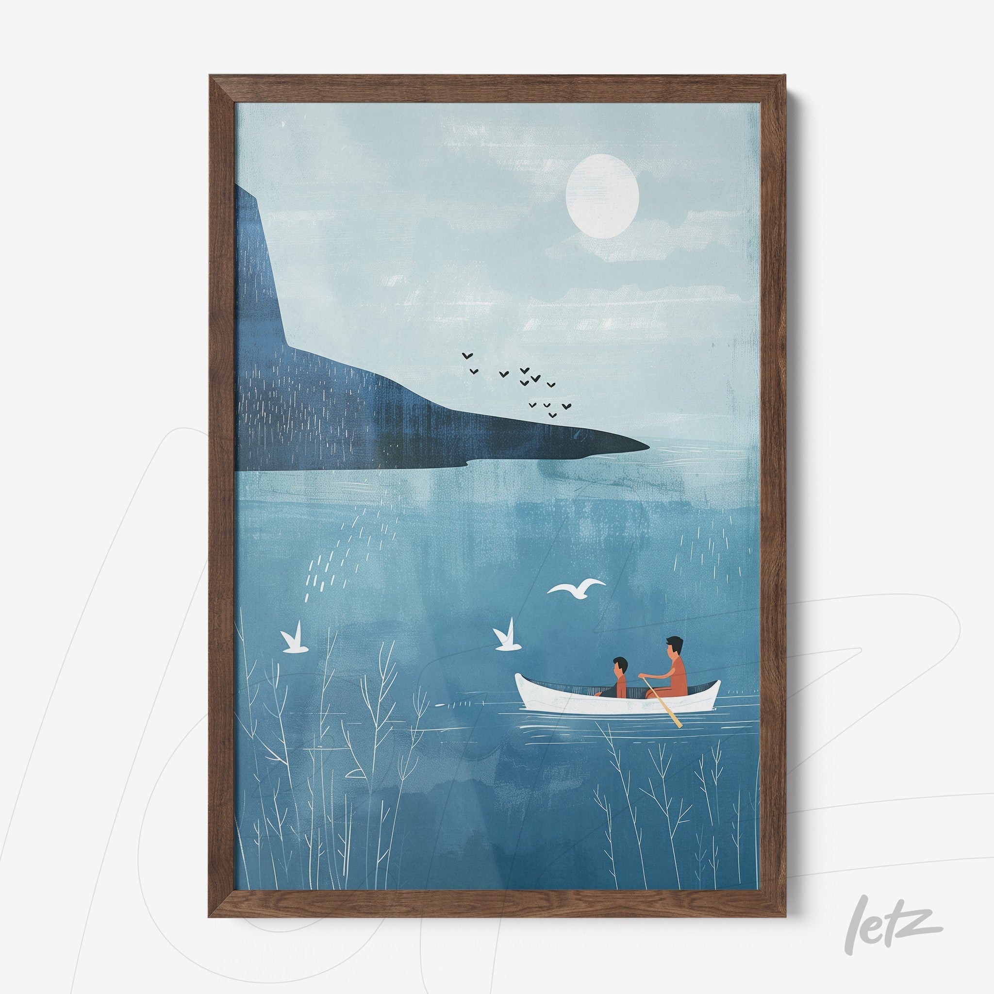 quadro de arte digital com ilustração de casal em barco em lago calmo, cercado por montanhas e pássaros, moldura de madeira escura
