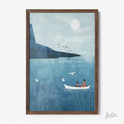 quadro de arte digital com ilustração de casal em barco em lago calmo, cercado por montanhas e pássaros, moldura de madeira escura
