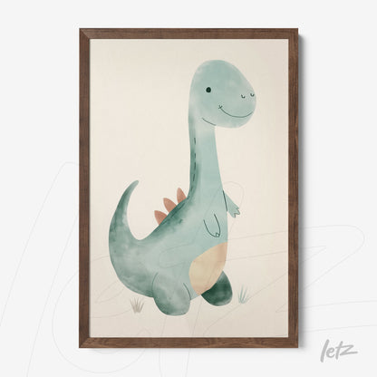quadro com ilustração infantil de dinossauro em moldura de madeira escura