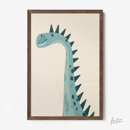 quadro decorativo com ilustração de dinossauro em moldura de madeira escura
